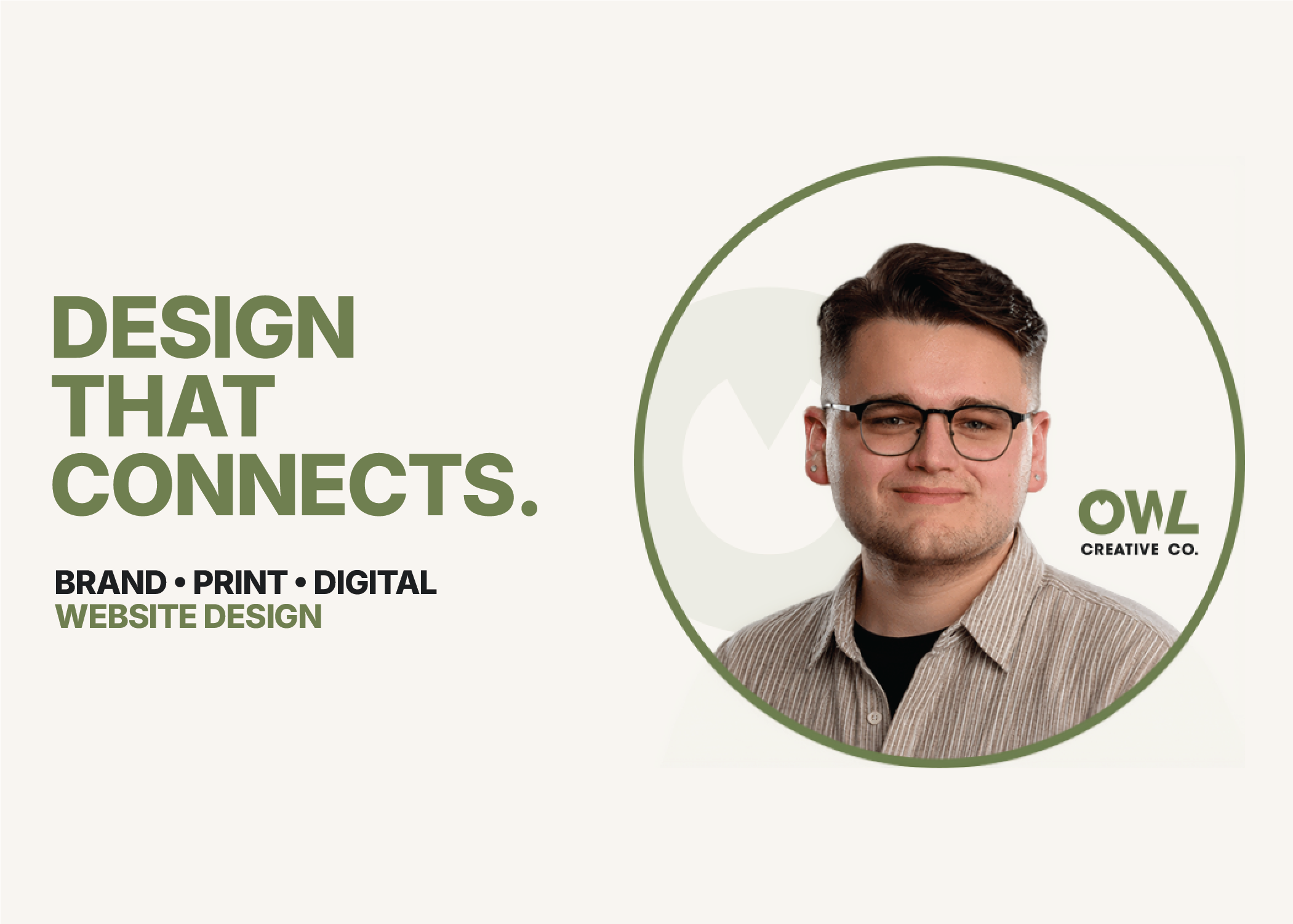 Thumbnail image for OWL Creative Company that reads, “Design that connects.” With a professional photo of Owen beside it.